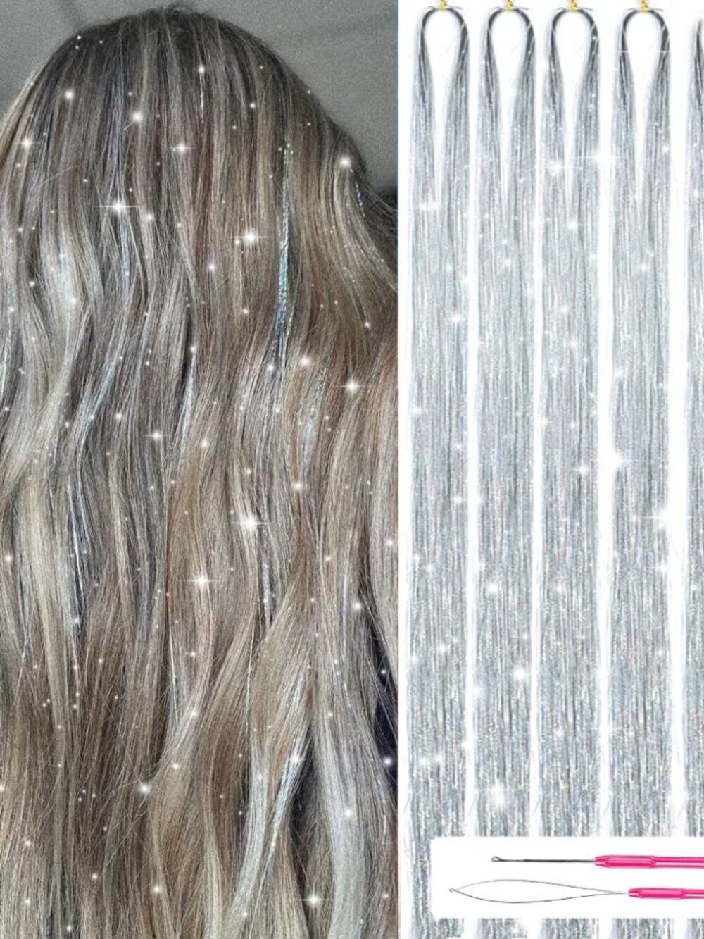 Hair Tinsel Kit With Tools 48 Inch 1200 Strands Glitter Tinsel Hair Extensions S